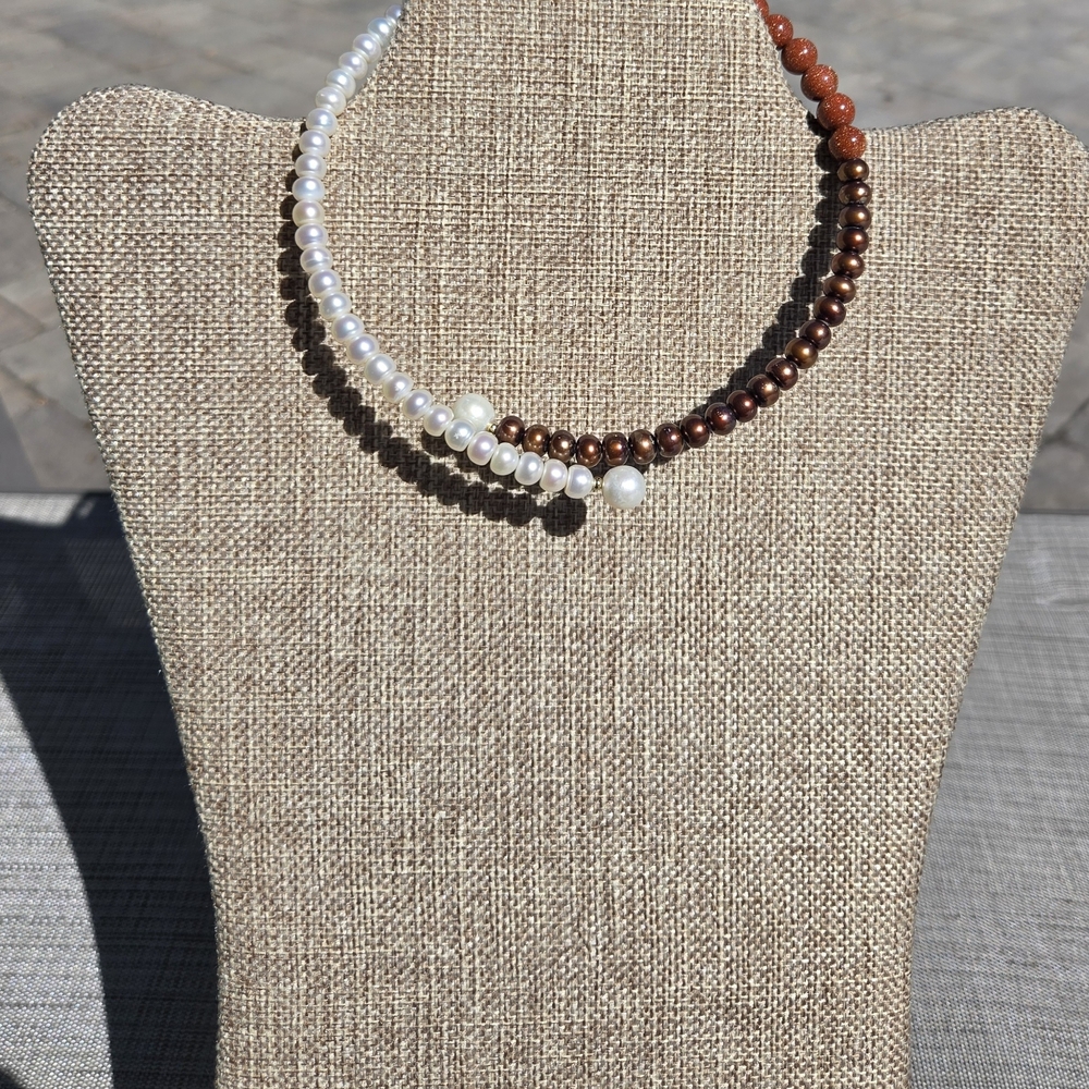 Freshwater white and brown Pearls with Sandstone Choker
